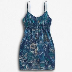 Sam & Max Blue Teal Floral Paisley Smocked Empire Waist Mini Dress Large